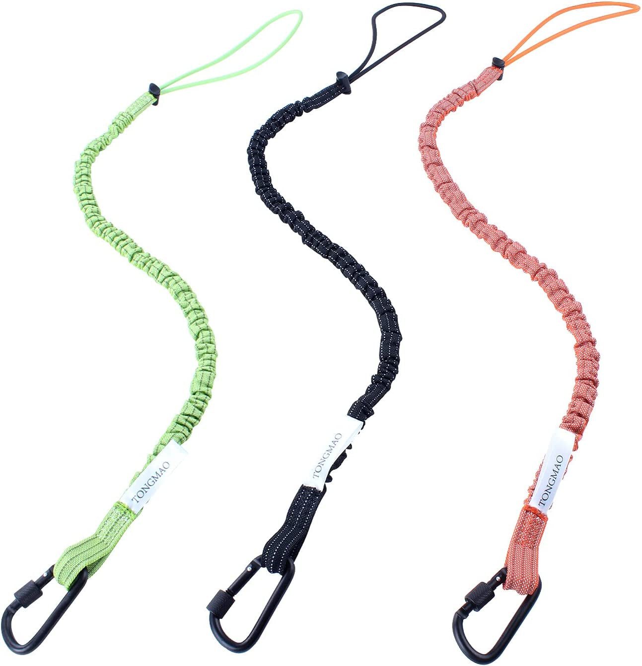 TONGMAO, TONGMAO 3 Pack Retractable Tool Lanyard, Safety Fall Protection Tools Leash with Aluminum Screw Lock Carabiner Clip and Adjustable Loop End, Tough Scaffold Tether (Black+Orange+Green)