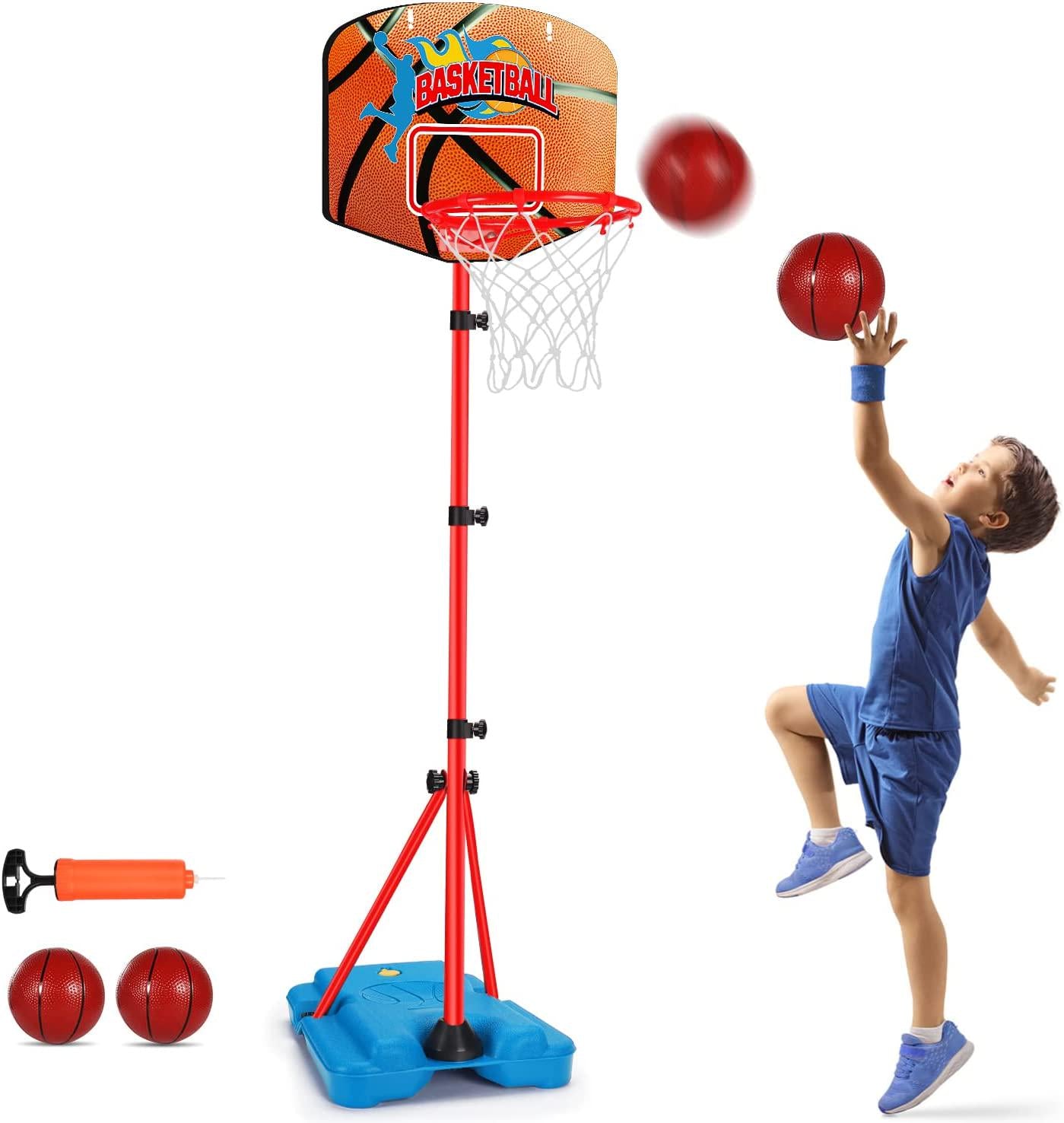 Auggie, Toddler Basketball Hoop Stand Adjustable Height 2.5 ft -5.1 ft Mini Indoor Basketball Goal Toy with Ball Pump for Baby Kids Boys Girls Outdoor Play Sport for Age 2 3 4 5 Years Old