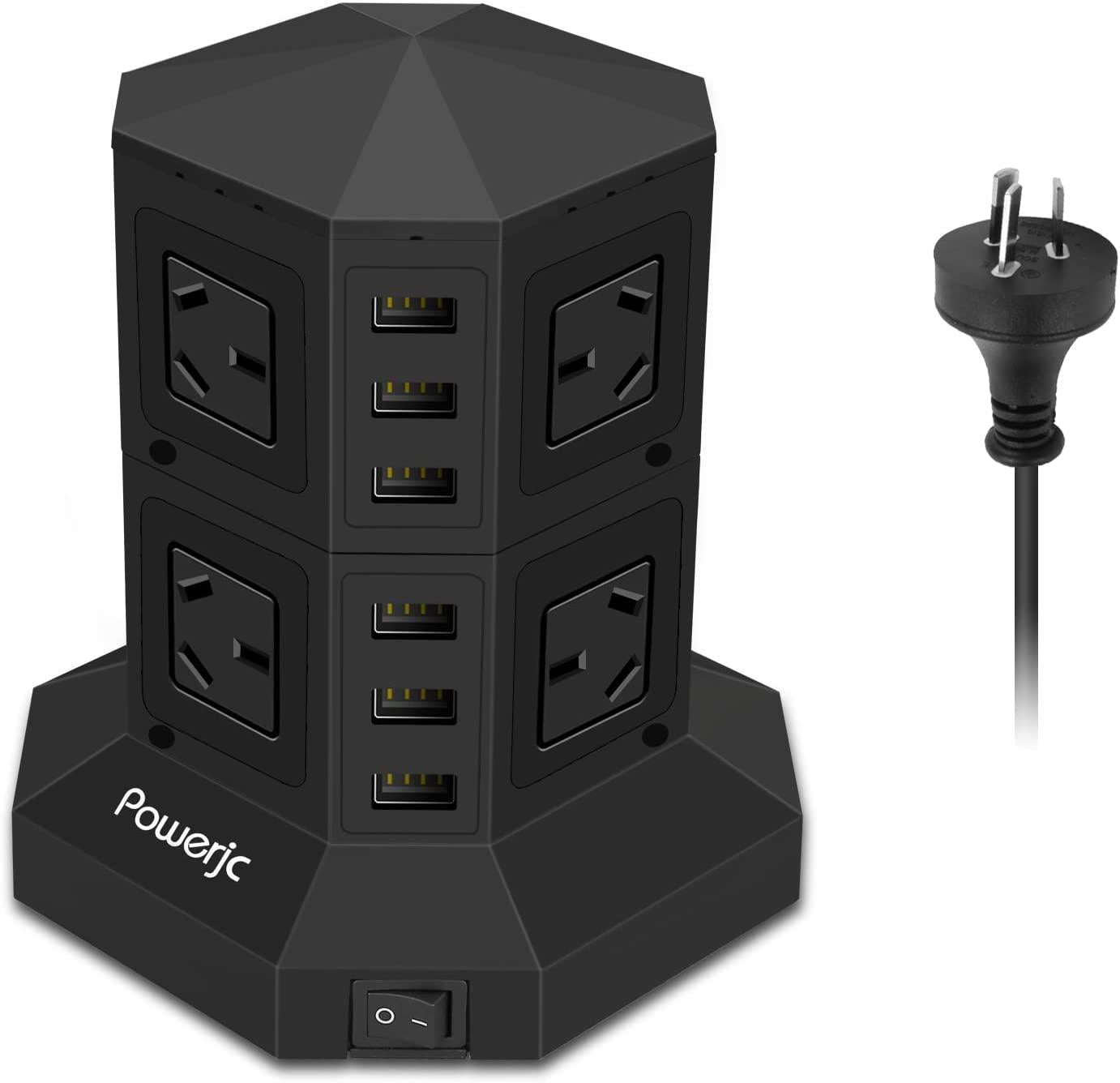 Powerjc, Tower Power Strip Surge Protector 8 AC Outlets with 6 Ports USB Chargers Black-Powerjc