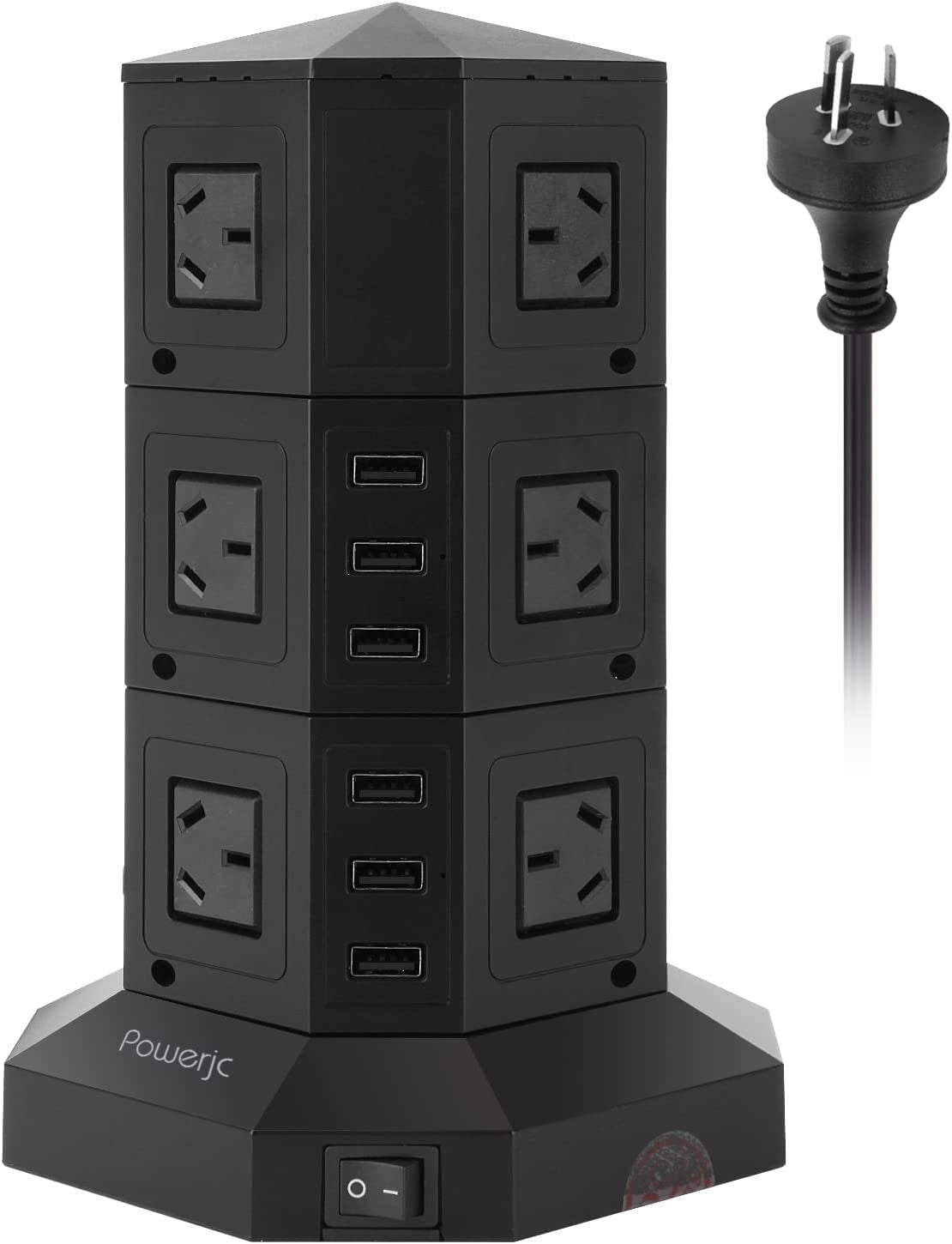 Powerjc, Tower Power Strip USB Surge Protector Socket 12 AC Outlets with 6 USB Ports Chargers Black-Powerjc